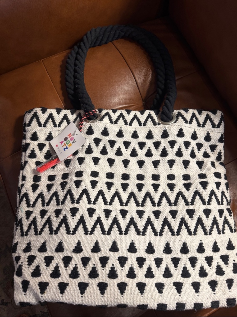 Woven Black & White Geometric Tote Bag